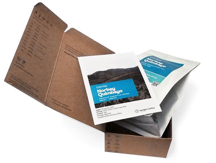 Coffee delivery: coffee in resealable bag and farm information card