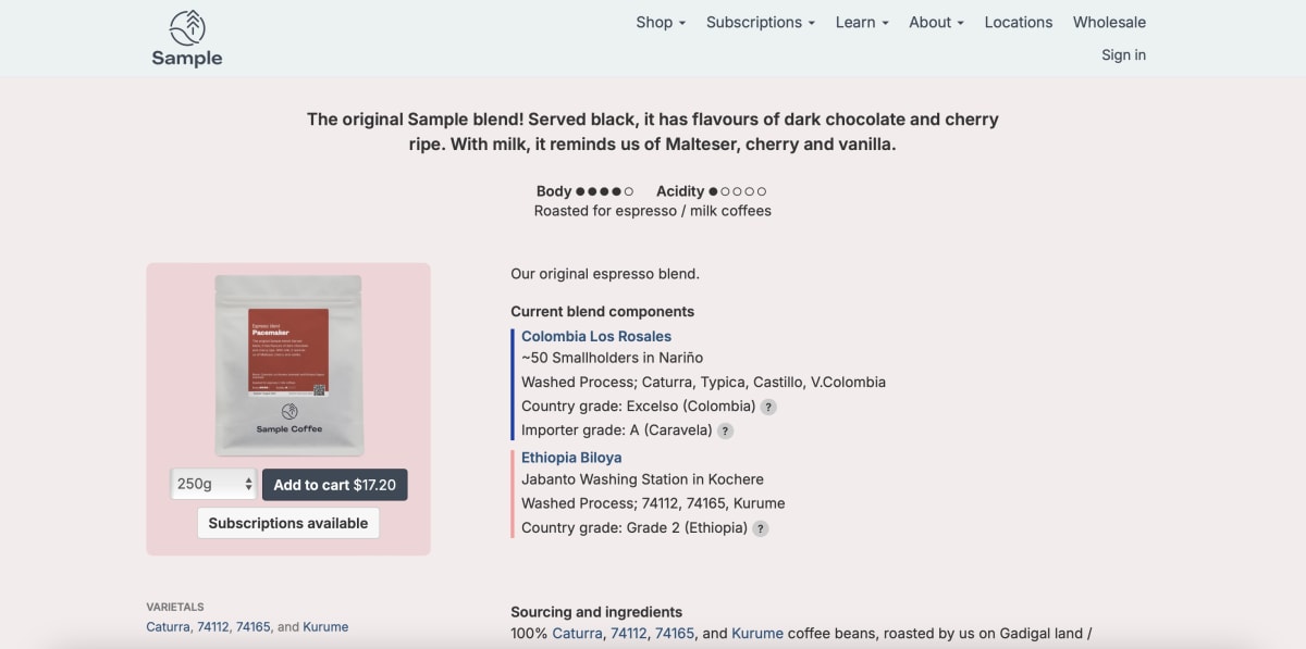 Screenshot of Sample Coffee website showing components of our Pacemaker espresso blend.