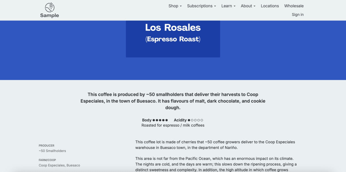 Screenshot of Sample Coffee website showing dedicated transparency information about a component of our Pacemaker espresso blend.